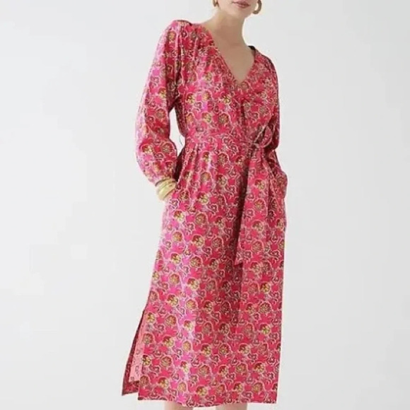 J. Crew Collection Tie-waist cotton poplin dress in Ratti® Pink Blooms NWOT Med. - Picture 1 of 9